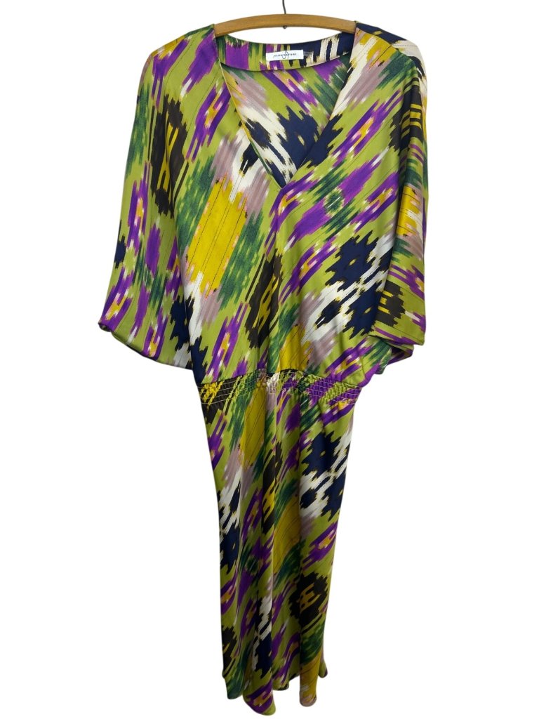 Josie Natori Silk Abstract Print Dress Sz L Dolman Sleeve V-Neck Elastic Waist — image 5 of 8